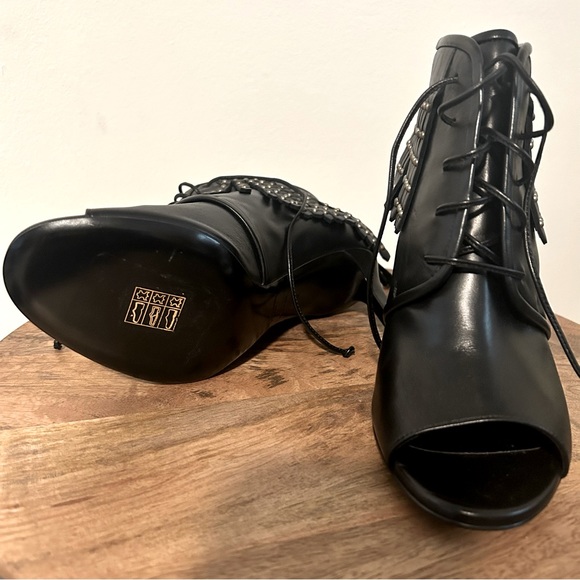 Saint Laurent NWT Black Leather Studded Fringe Open Toe Lace Up Booties Size 35 - Picture 8 of 10